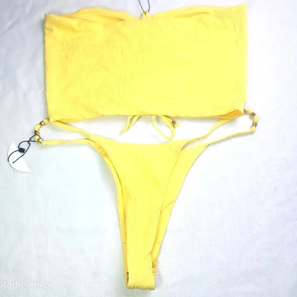JMP The Label Yellow Textured Bandeau Bikini Set Gold Bead XL NWT